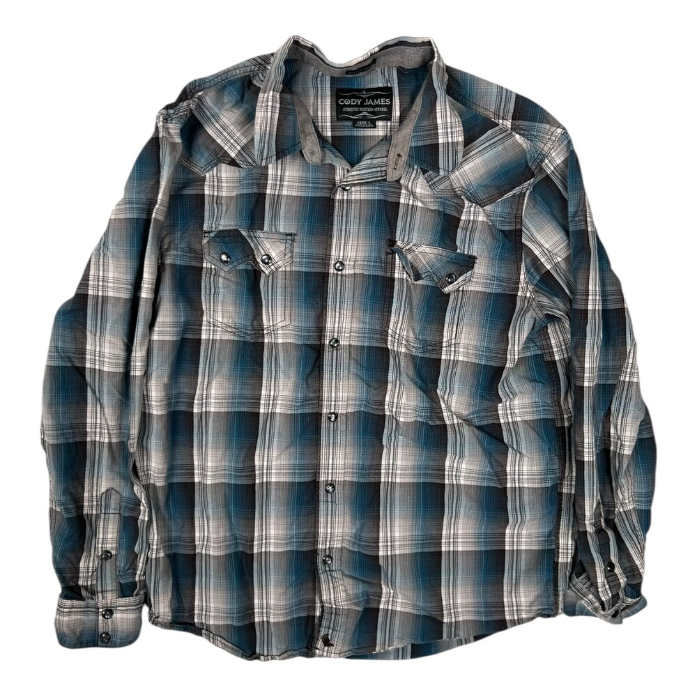 Cody James Shirt Mens Large Blue Gray Plaid Western Snap Front Long Sleeve